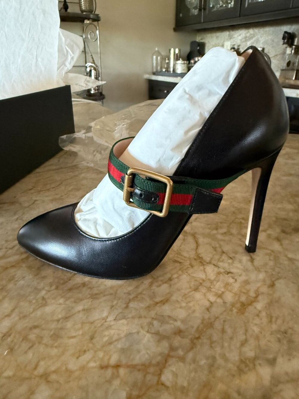 Gucci Sylvie Logo Web Stripe Mary Jane Buckle Black Leather Pumps EU 36 US 6 New - Picture 3 of 14